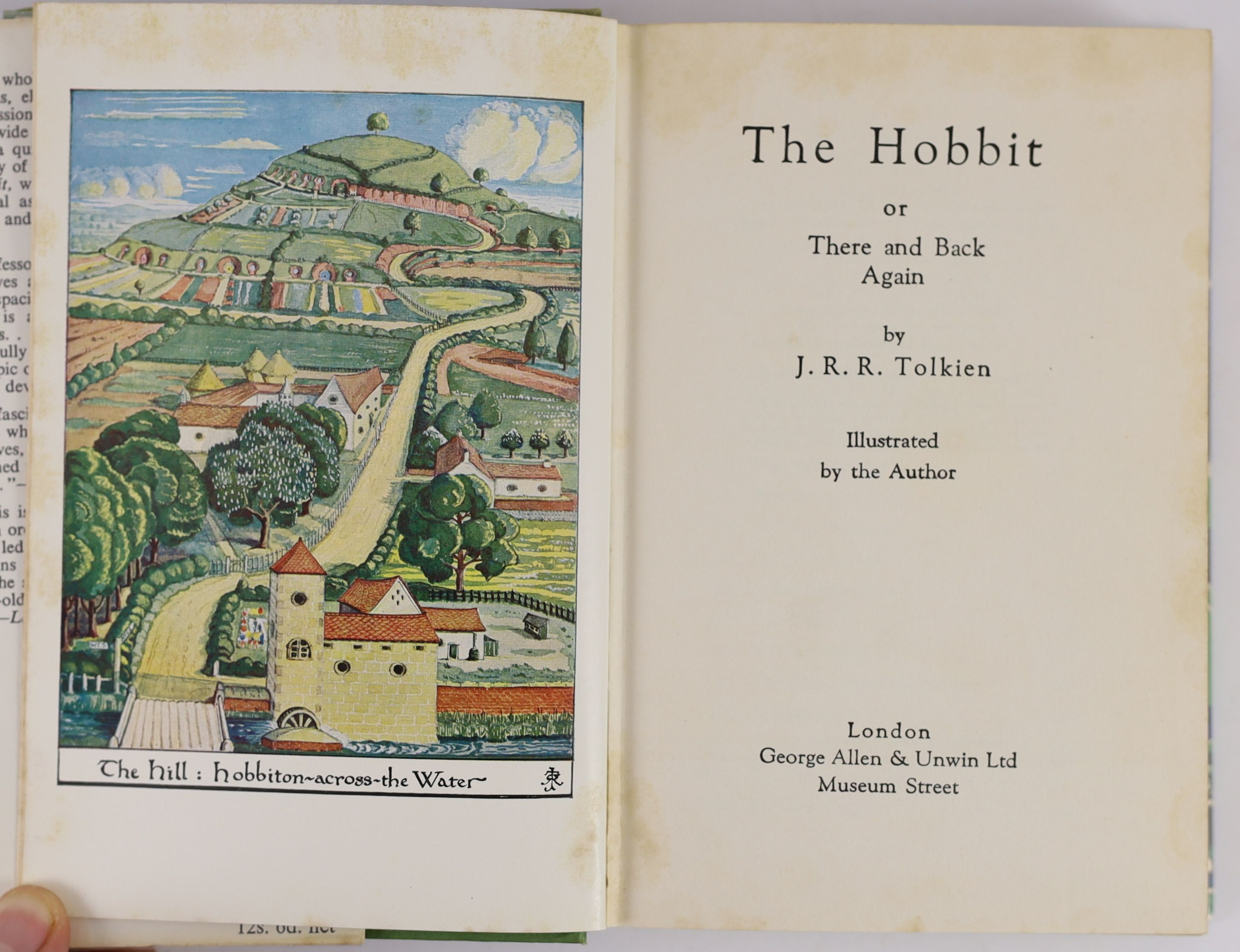 Tolkien, John Ronald Reuel - The Hobbit, 2nd edition, 13th impression, with colour frontispiece, map endpapers, original green cloth in unclipped d/j, with small loss to upper right back panel and spine base, George Alle